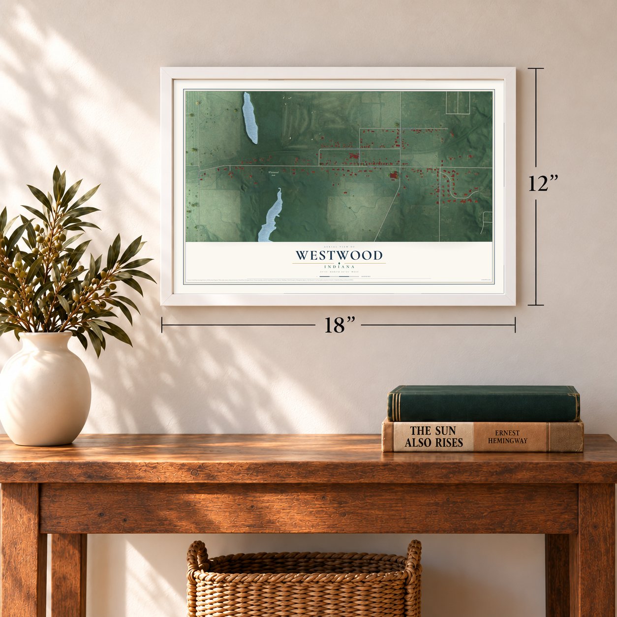 Westwood, Indiana map, 12 x 18 inch print in a white frame in an entryway