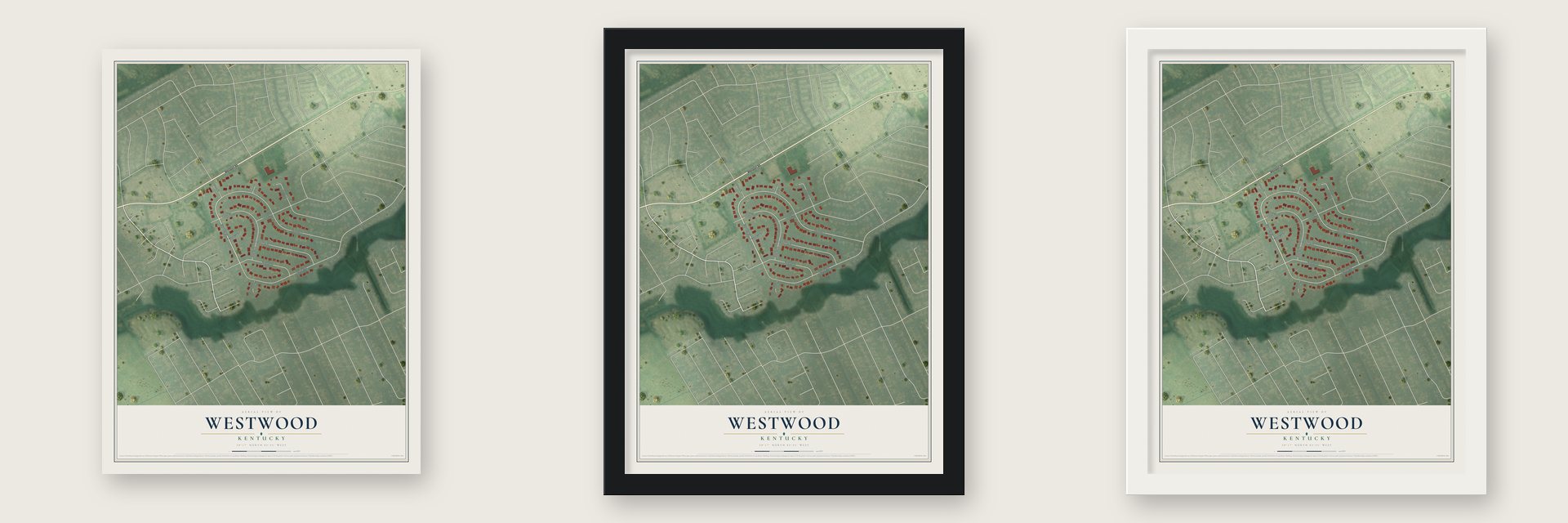 Westwood, Kentucky map unframed, in a black wood frame and in a white wood frame