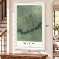 Westwood, Kentucky map, 24 x 36 inch print in a white frame by a staircase