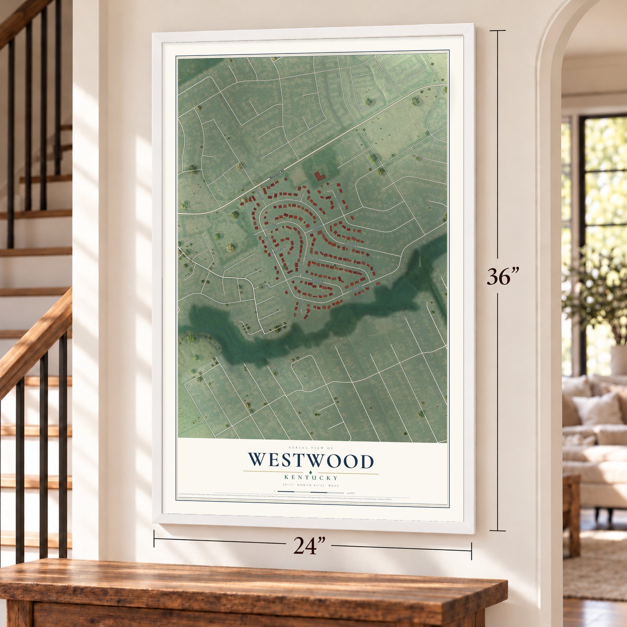 Westwood, Kentucky map, 24 x 36 inch print in a white frame by a staircase