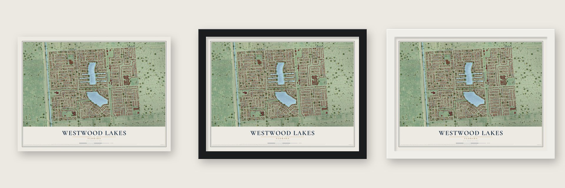 Westwood Lakes, Florida map unframed, in a black wood frame and in a white wood frame
