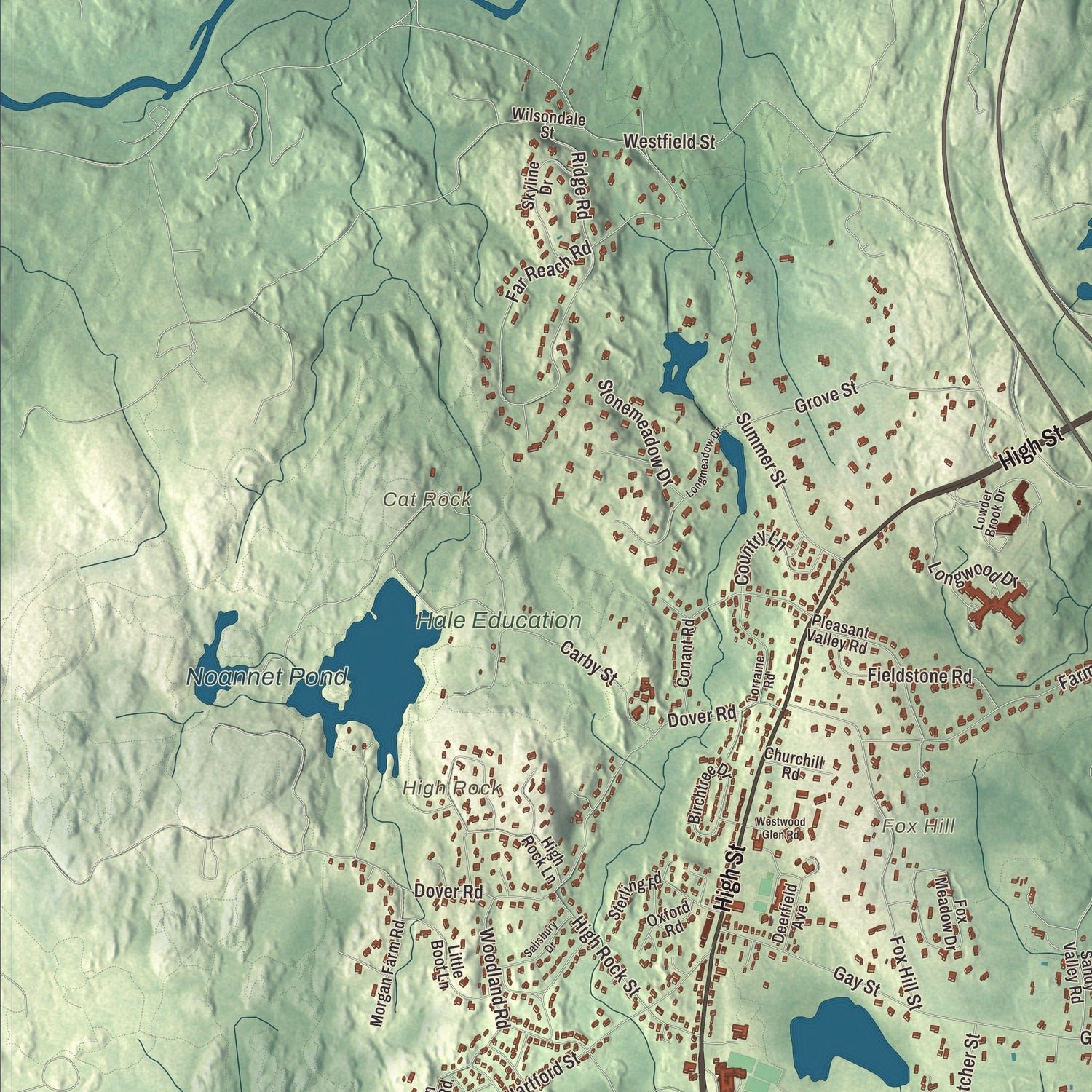 Close-up of the map of Westwood, Massachusetts print showing terrain and local geography