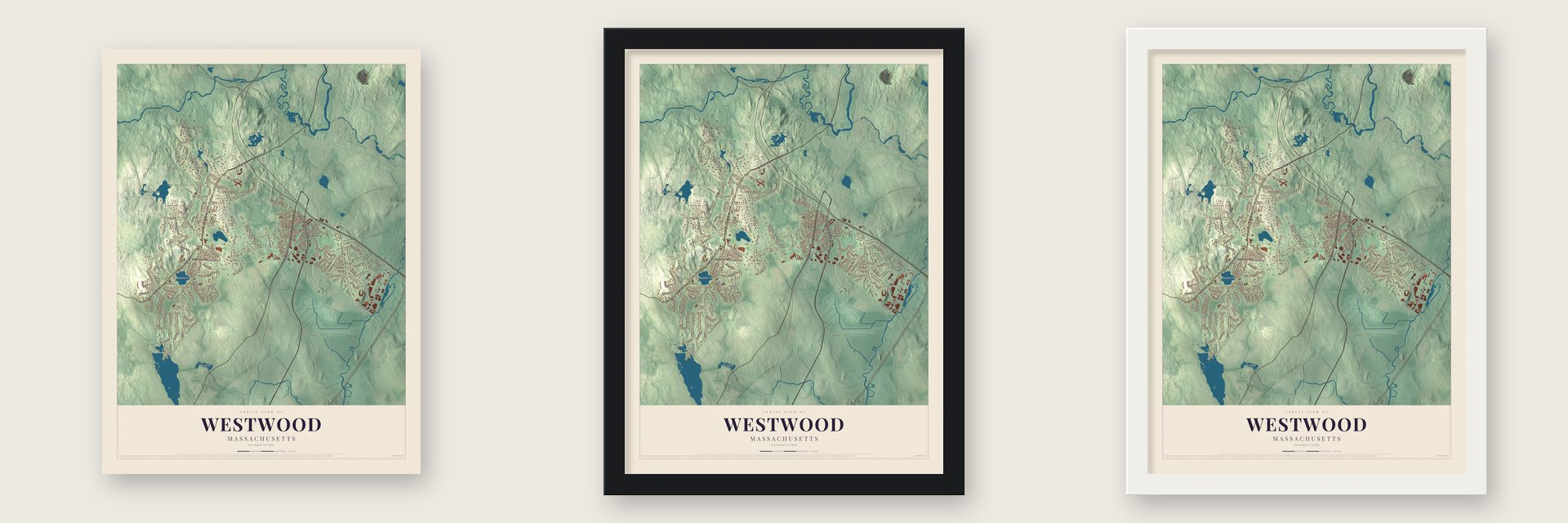 Westwood, Massachusetts map unframed, in a black wood frame and in a white wood frame