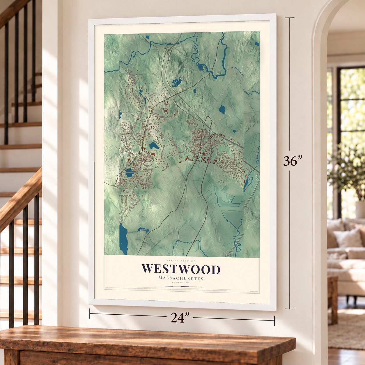 Westwood, Massachusetts map, 24 x 36 inch print in a white frame by a staircase