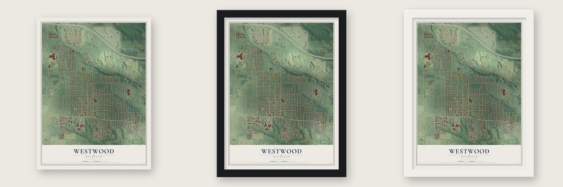 Westwood, Michigan map unframed, in a black wood frame and in a white wood frame