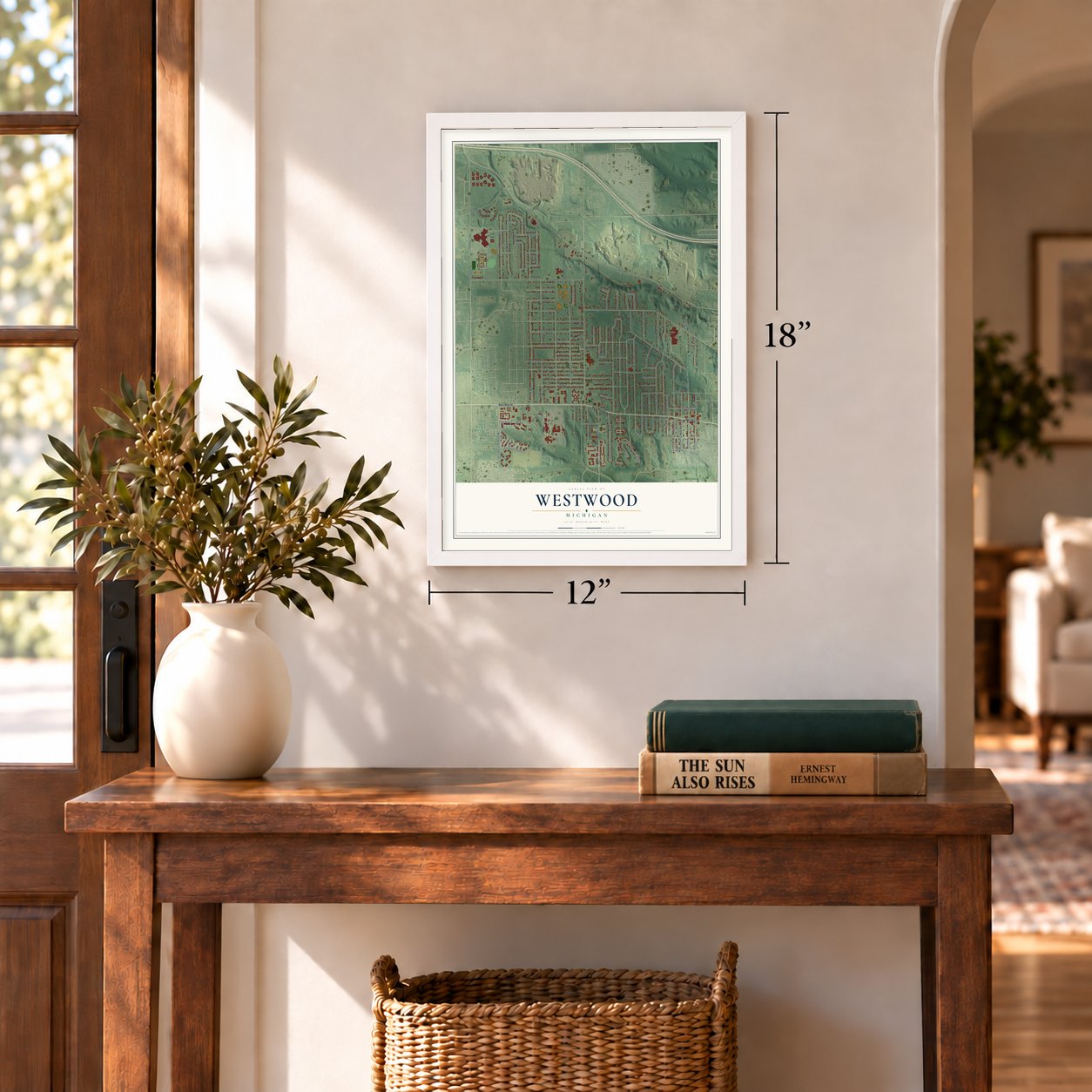 Westwood, Michigan map, 12 x 18 inch print in a white frame in an entryway