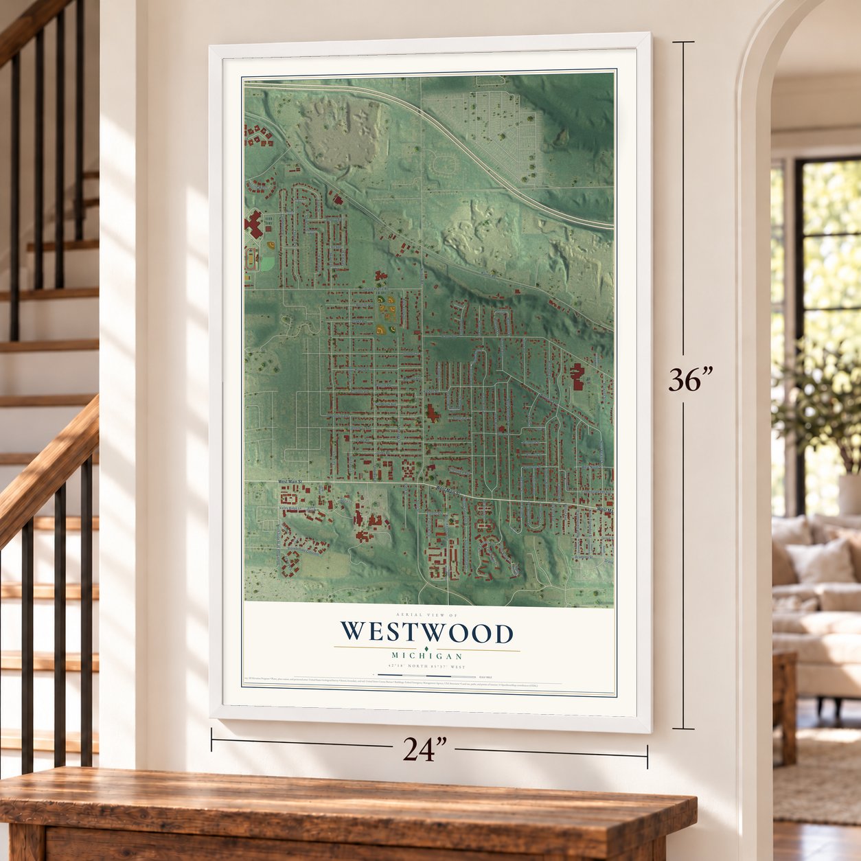 Westwood, Michigan map, 24 x 36 inch print in a white frame by a staircase