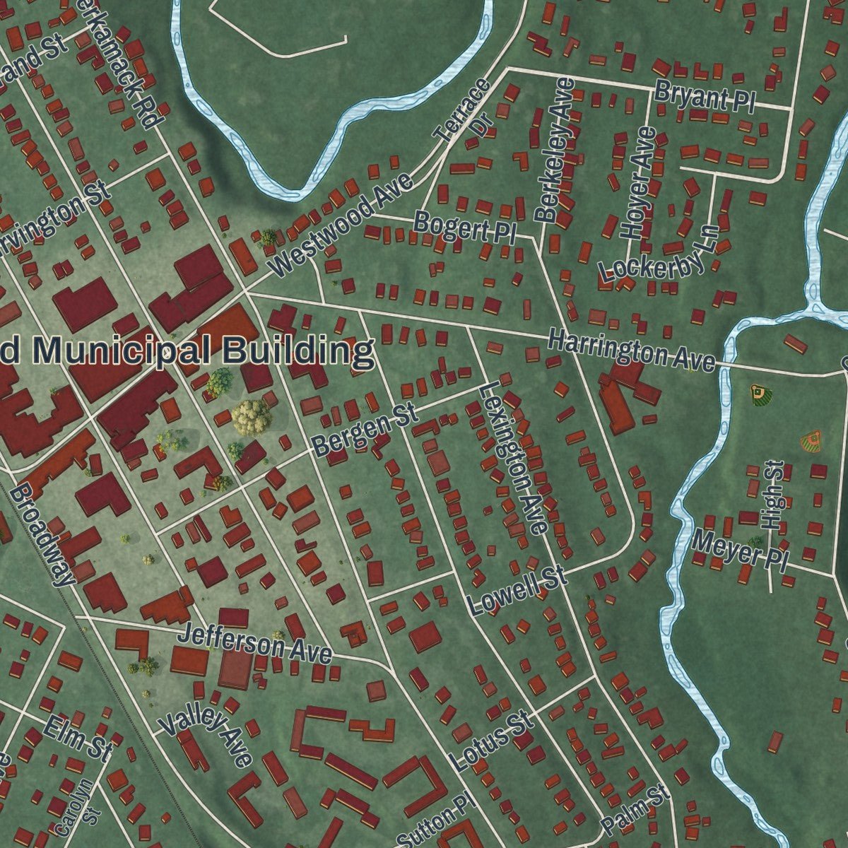 Second close-up of the map of Westwood, New Jersey print showing more streets and buildings