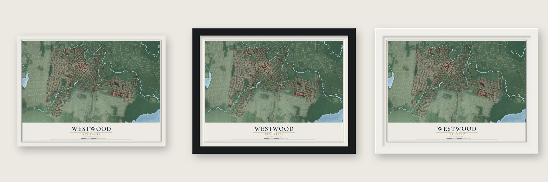 Westwood, New Jersey map unframed, in a black wood frame and in a white wood frame