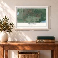 Westwood, New Jersey map, 12 x 18 inch print in a white frame in an entryway