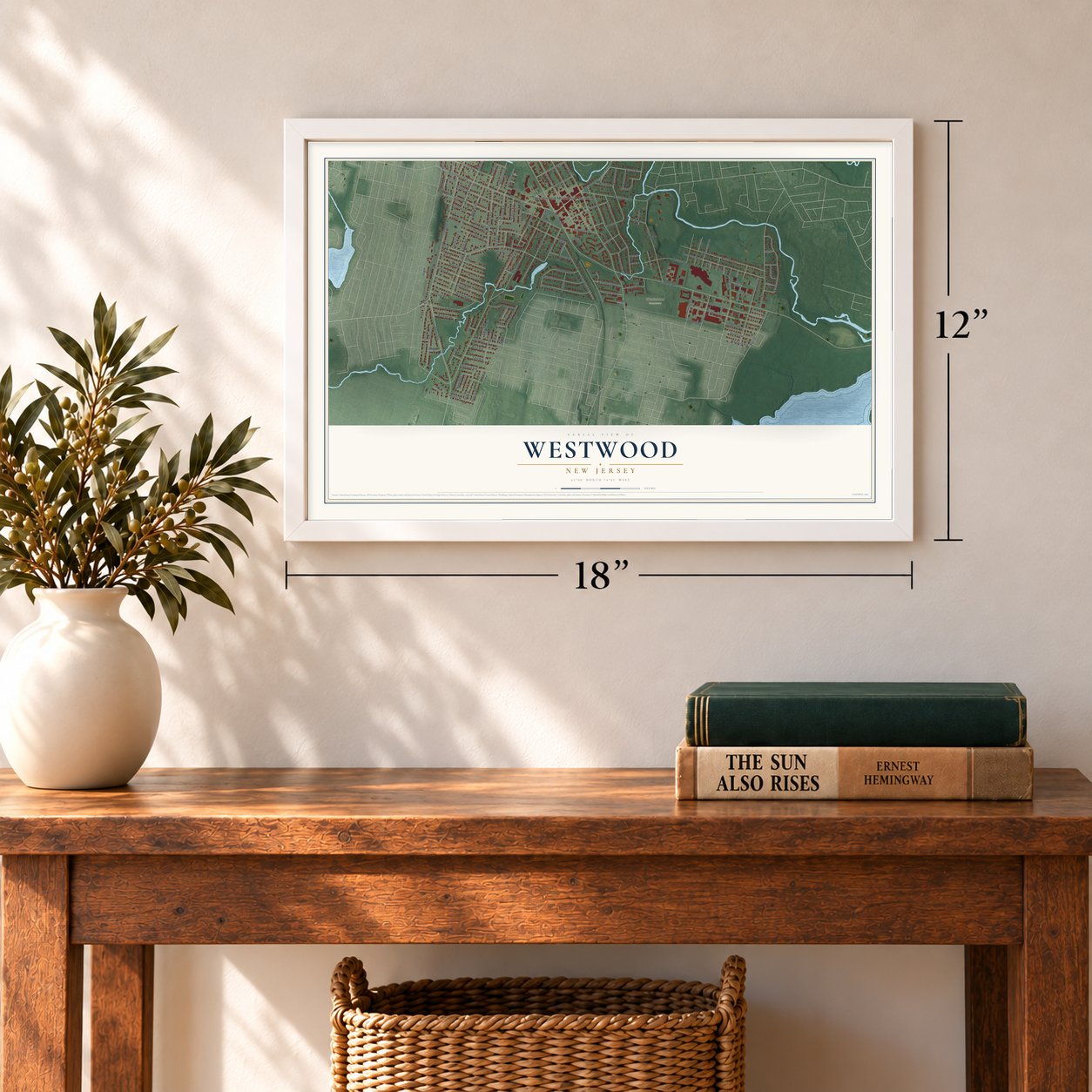 Westwood, New Jersey map, 12 x 18 inch print in a white frame in an entryway