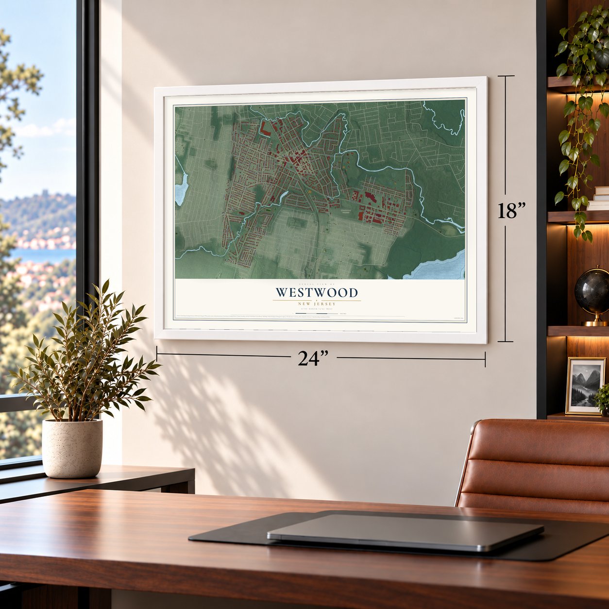 Westwood, New Jersey map, 18 x 24 inch print in a white frame in a home office