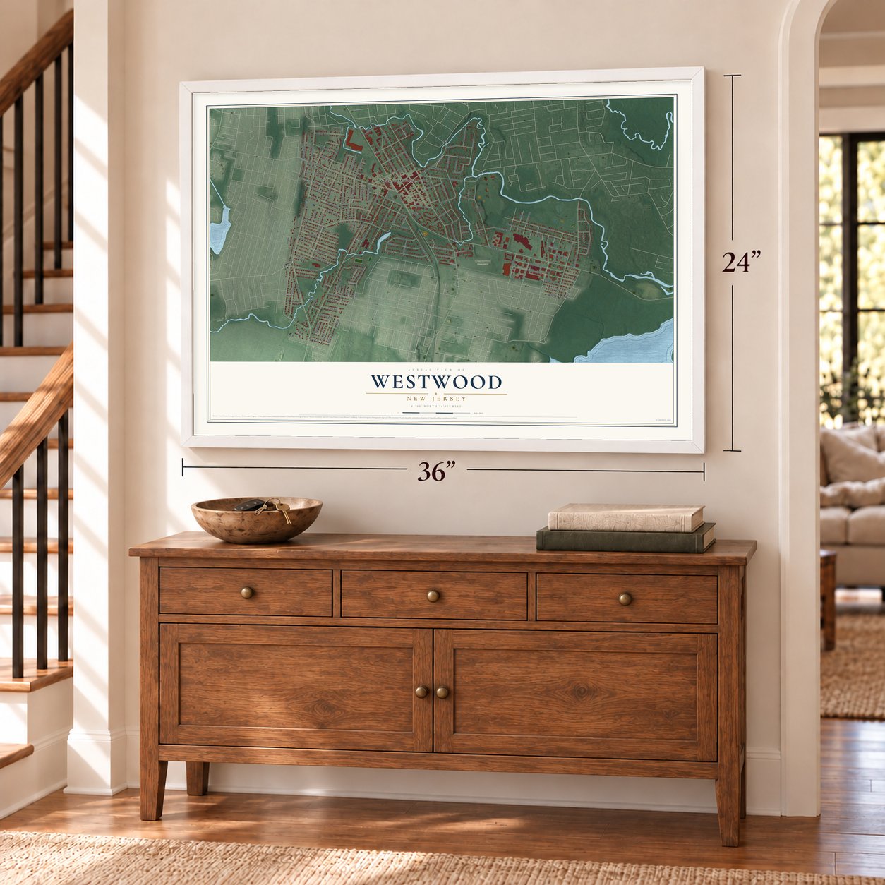 Westwood, New Jersey map, 24 x 36 inch print in a white frame above a dresser by a staircase