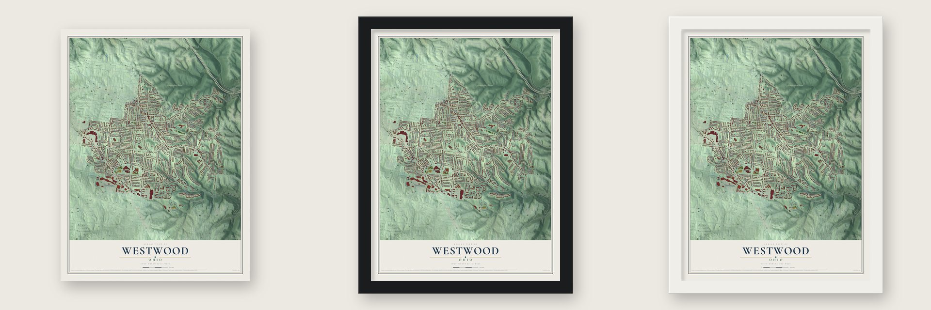 Westwood, Ohio map unframed, in a black wood frame and in a white wood frame