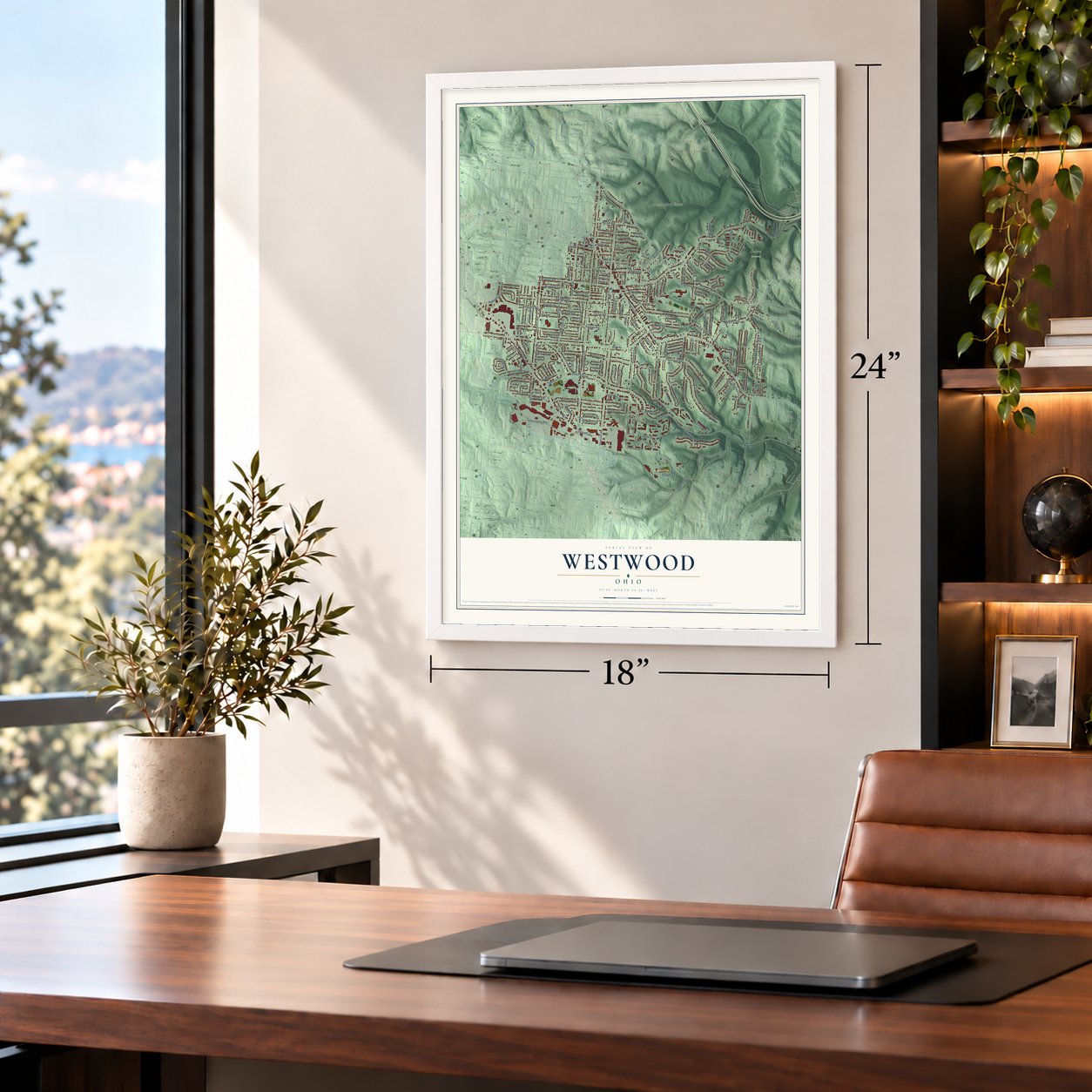 Westwood, Ohio map, 18 x 24 inch print in a white frame in a home office