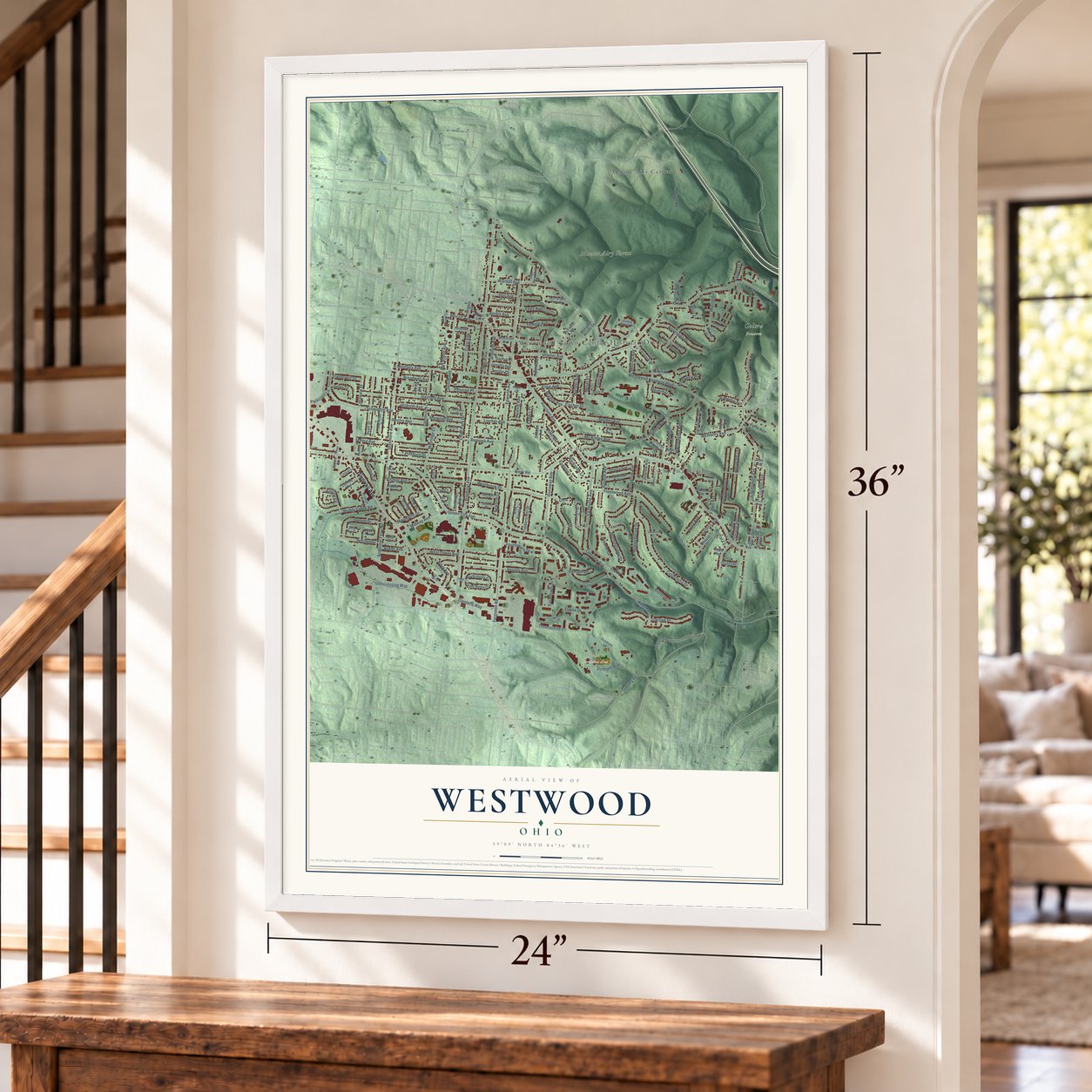 Westwood, Ohio map, 24 x 36 inch print in a white frame by a staircase