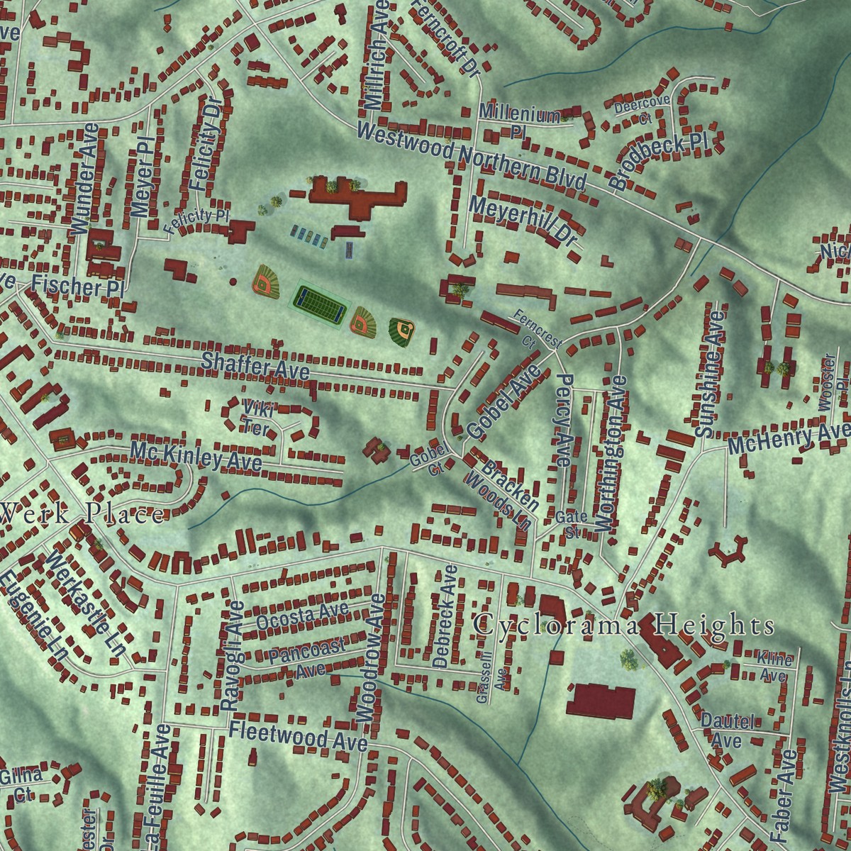 Second close-up of the map of Westwood, Ohio print showing more streets and buildings
