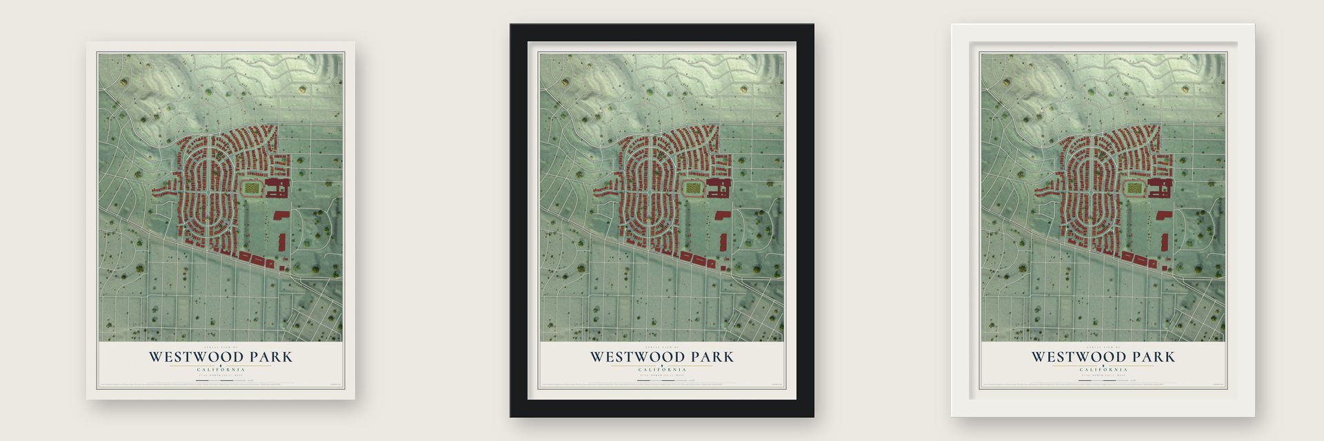 Westwood Park, California map unframed, in a black wood frame and in a white wood frame