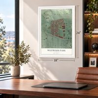 Westwood Park, California map, 18 x 24 inch print in a white frame in a home office