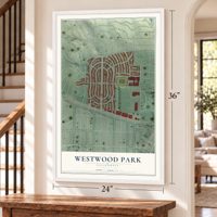 Westwood Park, California map, 24 x 36 inch print in a white frame by a staircase