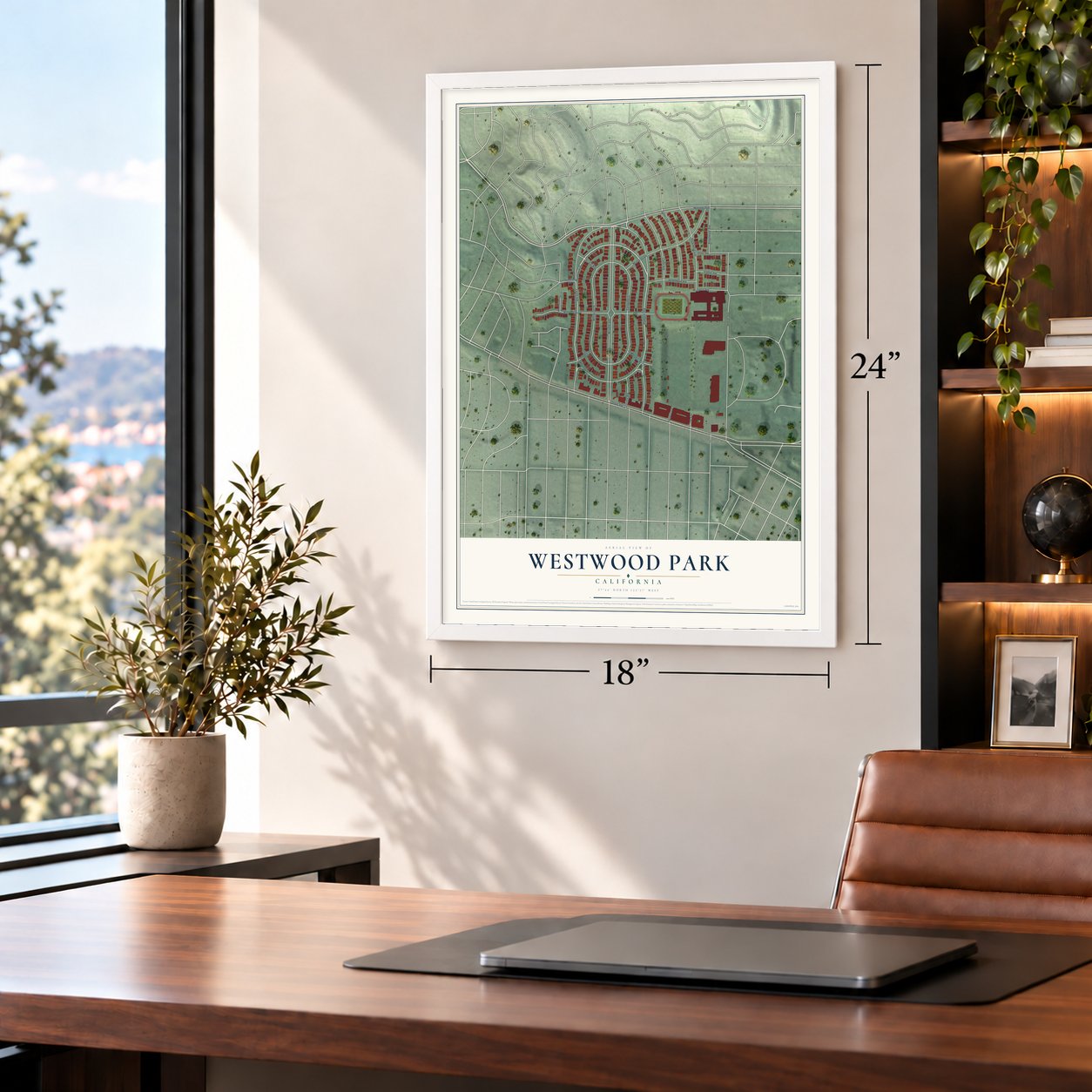 Westwood Park, California map, 18 x 24 inch print in a white frame in a home office