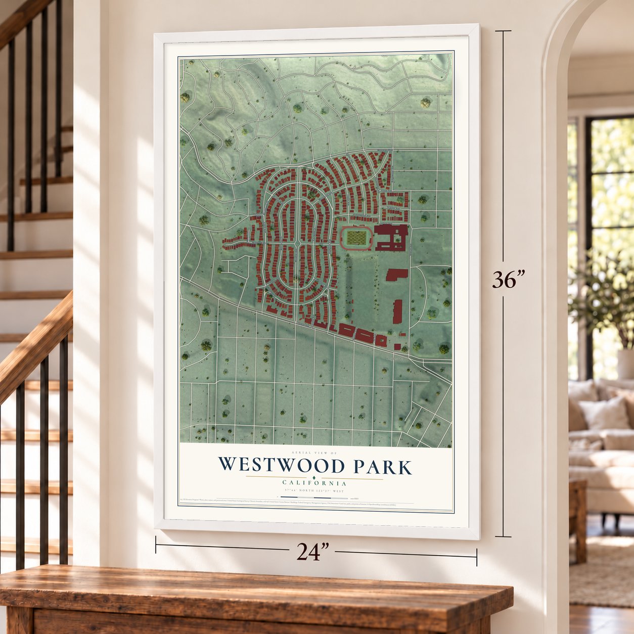 Westwood Park, California map, 24 x 36 inch print in a white frame by a staircase