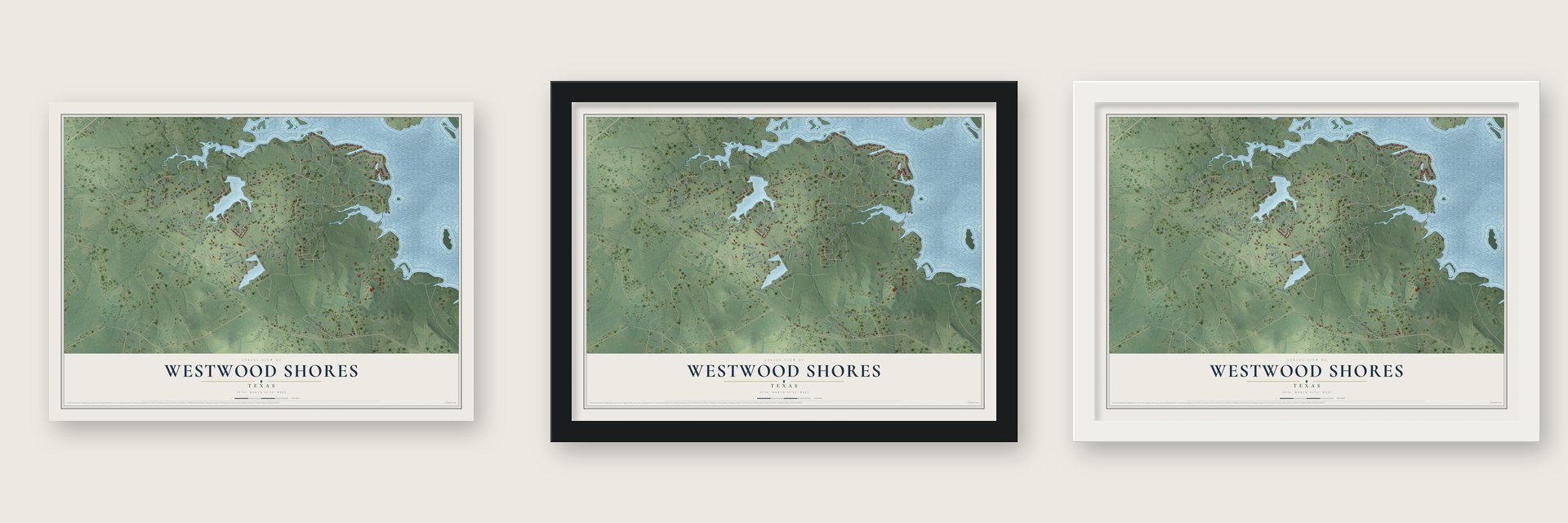 Westwood Shores, Texas map unframed, in a black wood frame and in a white wood frame