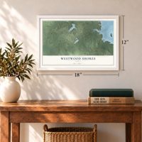 Westwood Shores, Texas map, 12 x 18 inch print in a white frame in an entryway