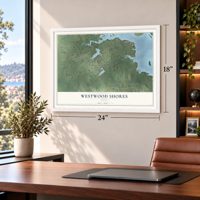 Westwood Shores, Texas map, 18 x 24 inch print in a white frame in a home office