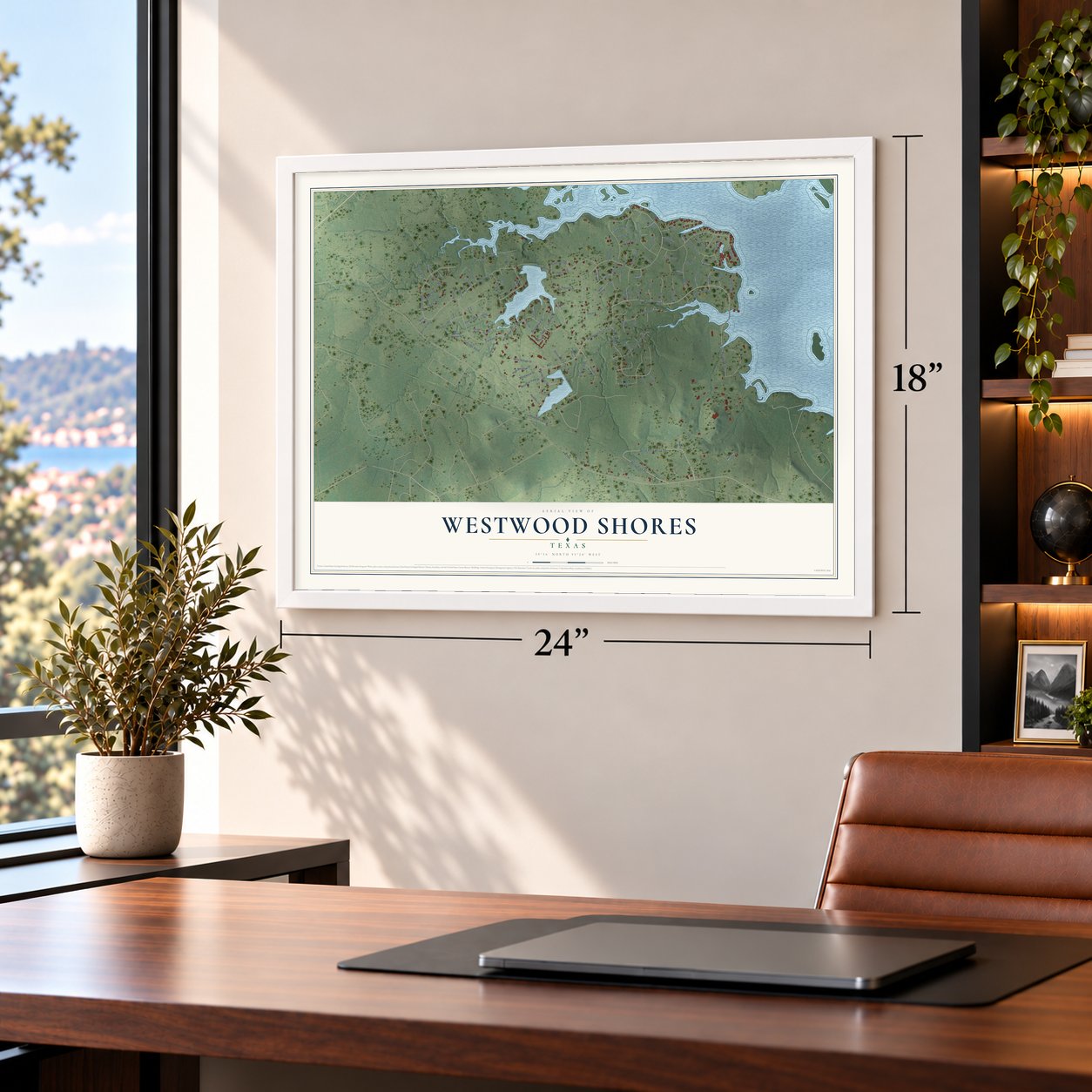 Westwood Shores, Texas map, 18 x 24 inch print in a white frame in a home office