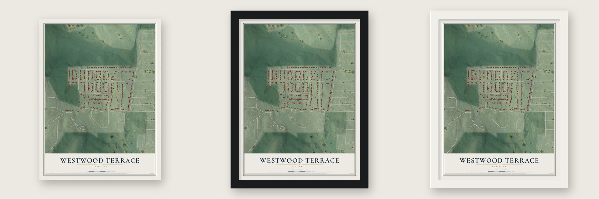 Westwood Terrace, Georgia map unframed, in a black wood frame and in a white wood frame