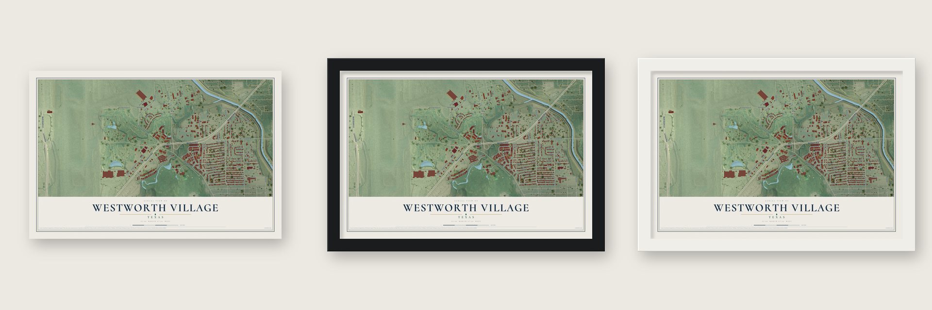 Westworth Village, Texas map unframed, in a black wood frame and in a white wood frame