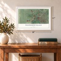 Westworth Village, Texas map, 12 x 18 inch print in a white frame in an entryway