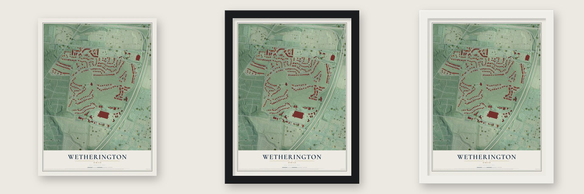 Wetherington, Ohio map unframed, in a black wood frame and in a white wood frame