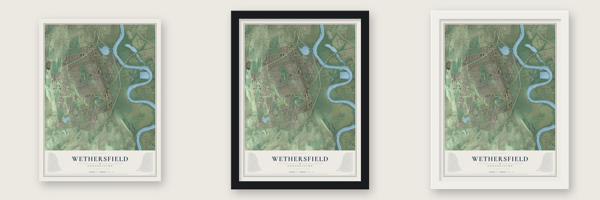 Wethersfield, Connecticut map unframed, in a black wood frame and in a white wood frame
