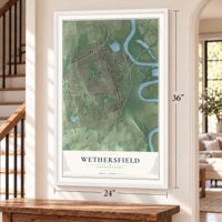 Wethersfield, Connecticut map, 24 x 36 inch print in a white frame by a staircase