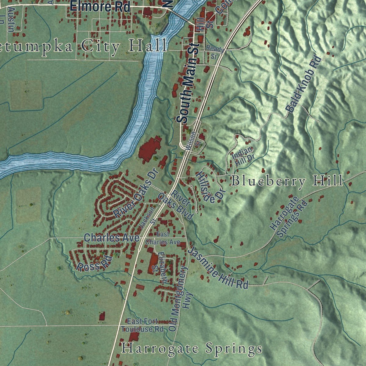 Second close-up of the map of Wetumpka, Alabama print showing more streets and buildings