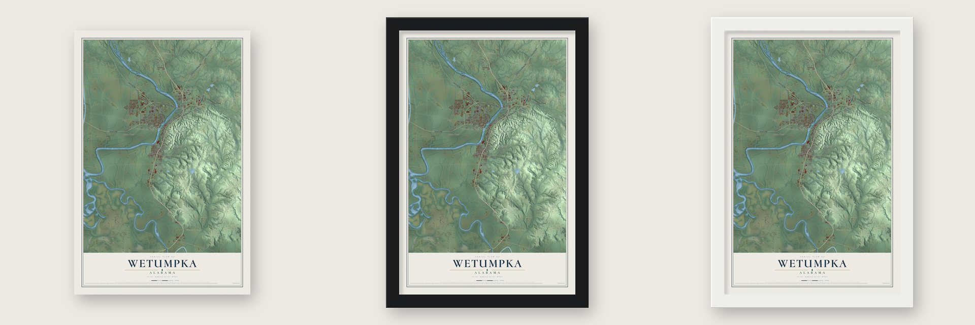 Wetumpka, Alabama map unframed, in a black wood frame and in a white wood frame