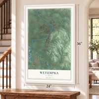 Wetumpka, Alabama map, 24 x 36 inch print in a white frame by a staircase