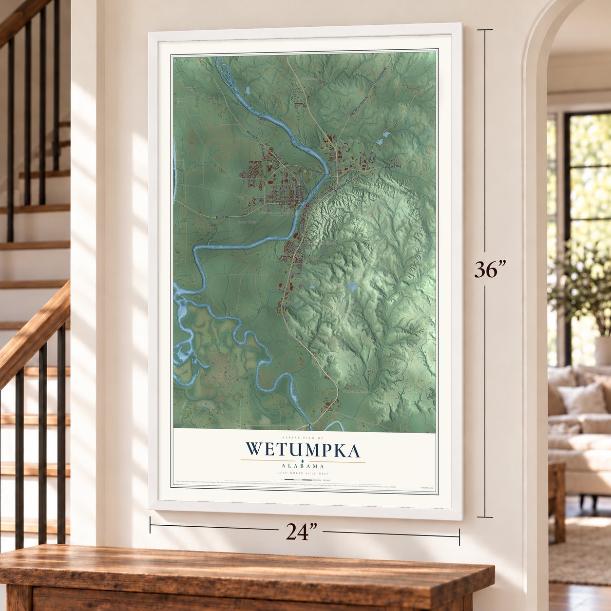 Wetumpka, Alabama map, 24 x 36 inch print in a white frame by a staircase