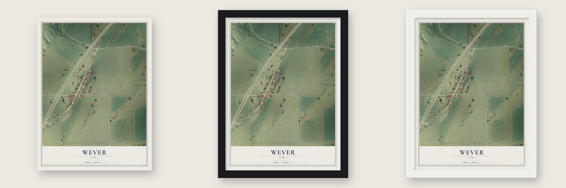 Wever, Iowa map unframed, in a black wood frame and in a white wood frame