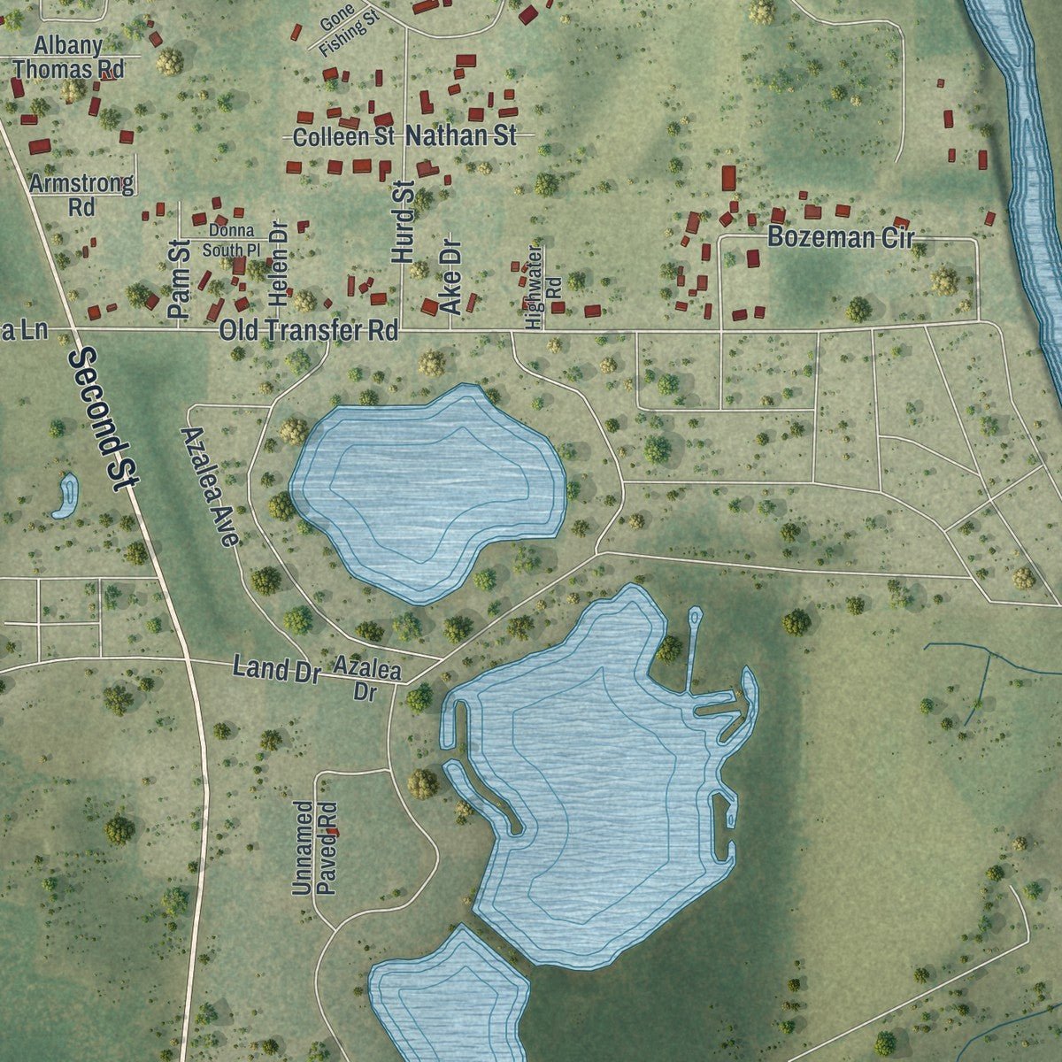 Second close-up of the map of Wewahitchka, Florida print showing more streets and buildings