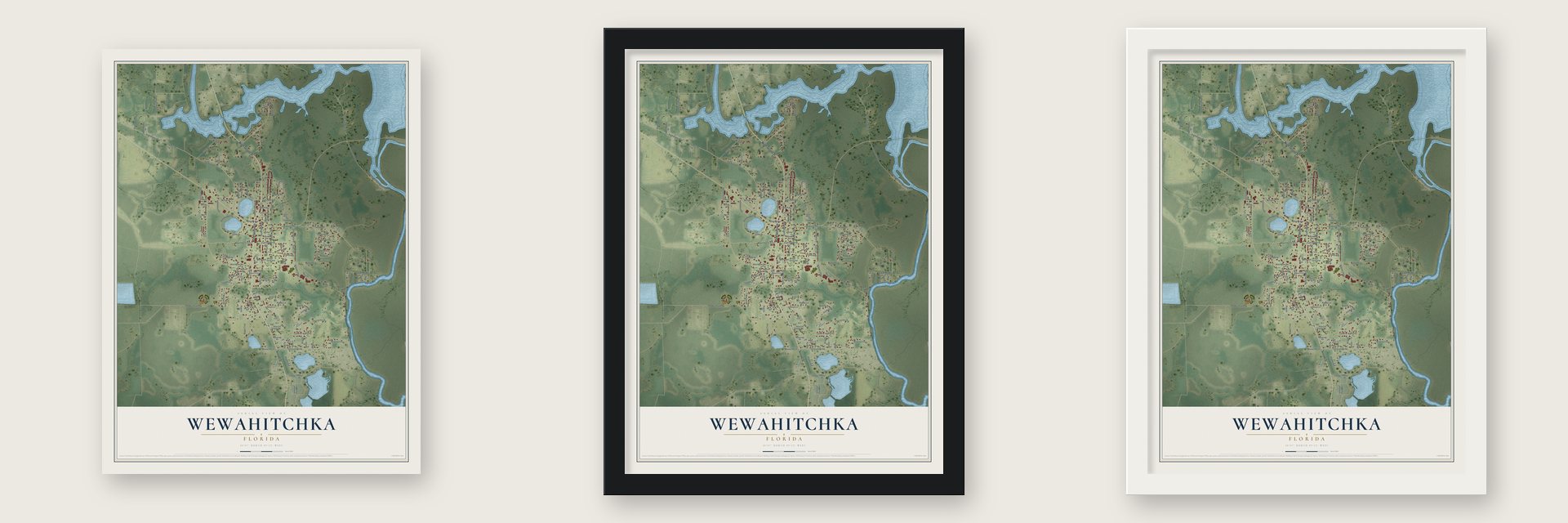 Wewahitchka, Florida map unframed, in a black wood frame and in a white wood frame