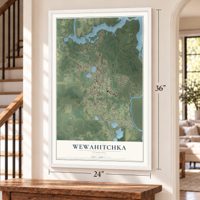 Wewahitchka, Florida map, 24 x 36 inch print in a white frame by a staircase