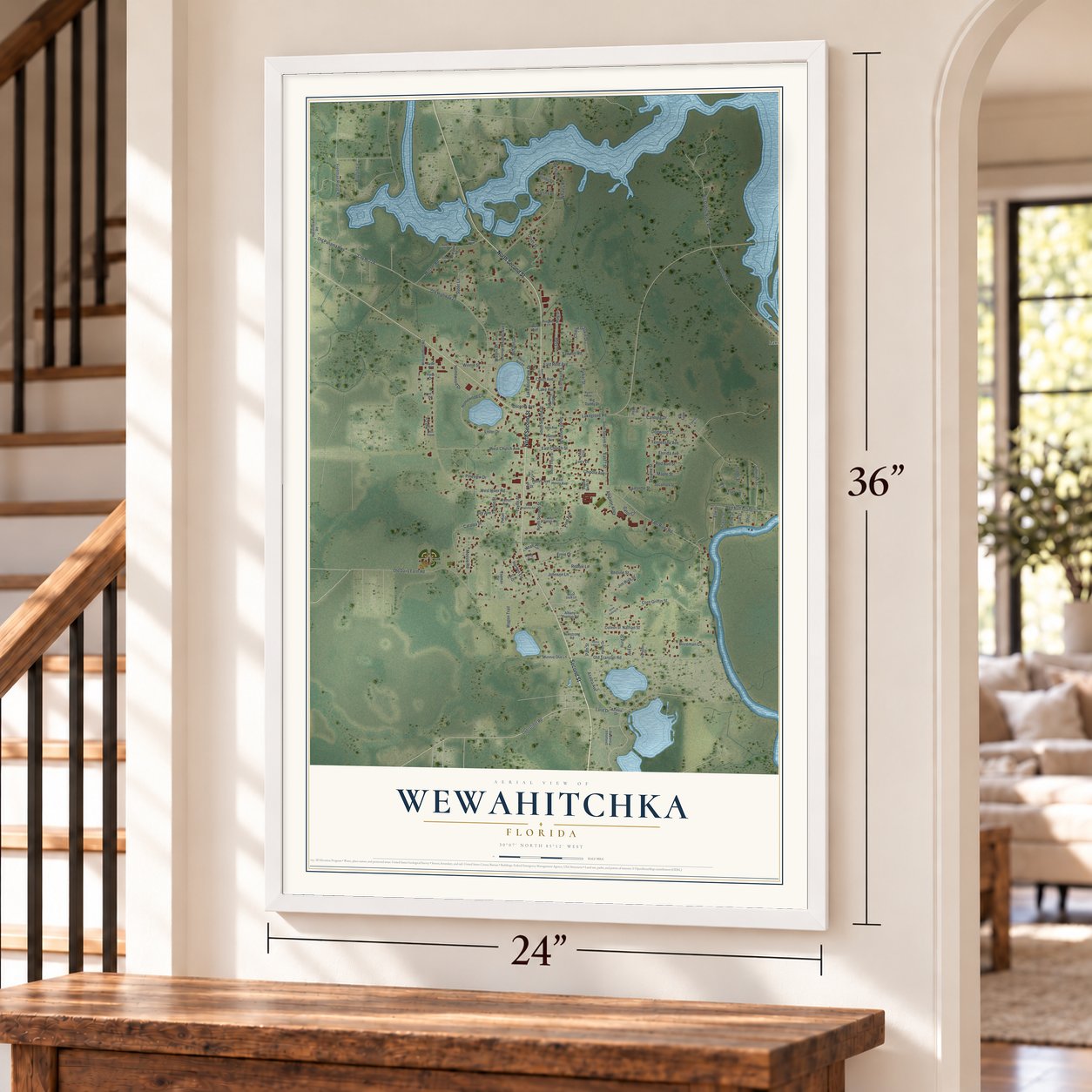 Wewahitchka, Florida map, 24 x 36 inch print in a white frame by a staircase