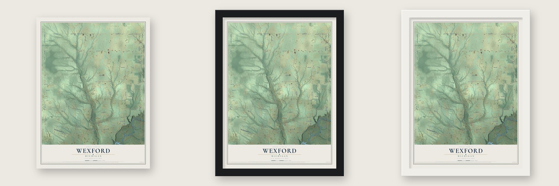 Wexford, Michigan map unframed, in a black wood frame and in a white wood frame