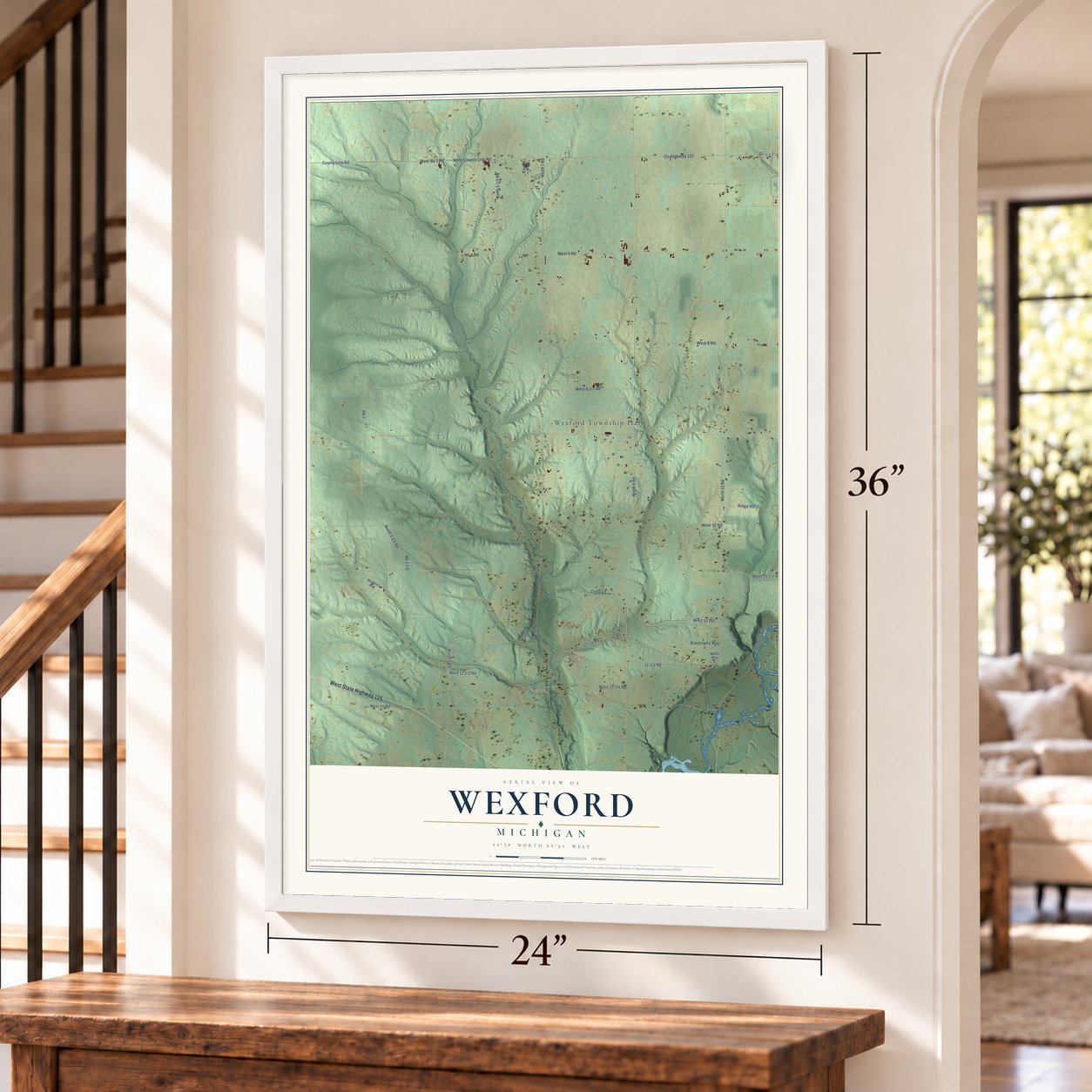 Wexford, Michigan map, 24 x 36 inch print in a white frame by a staircase