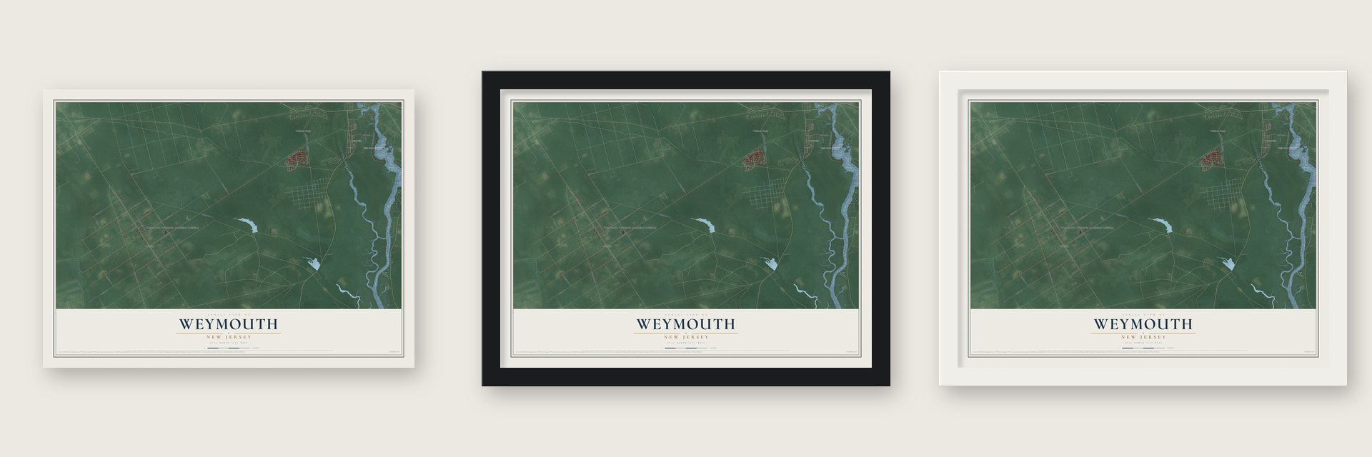 Weymouth, New Jersey map unframed, in a black wood frame and in a white wood frame