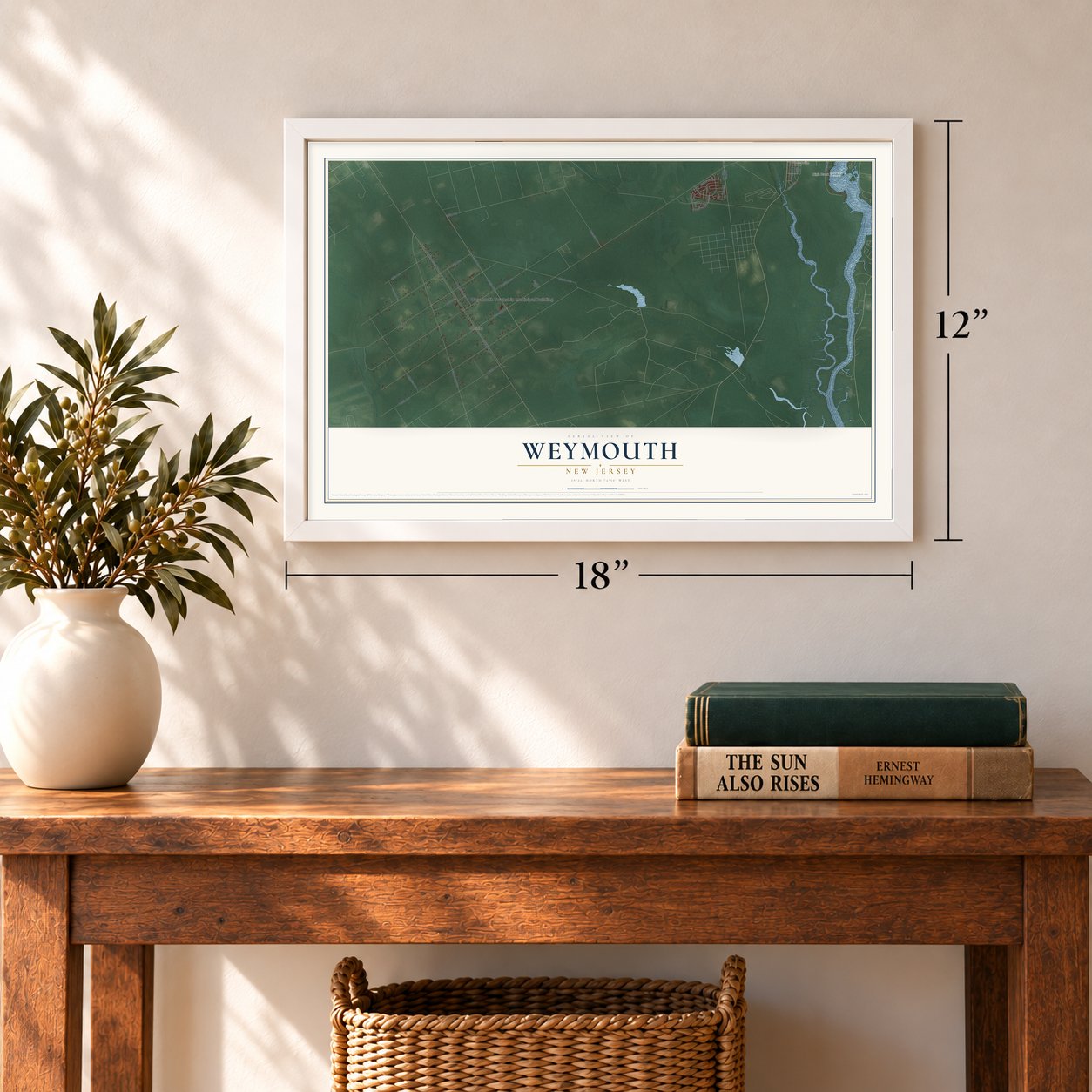 Weymouth, New Jersey map, 12 x 18 inch print in a white frame in an entryway