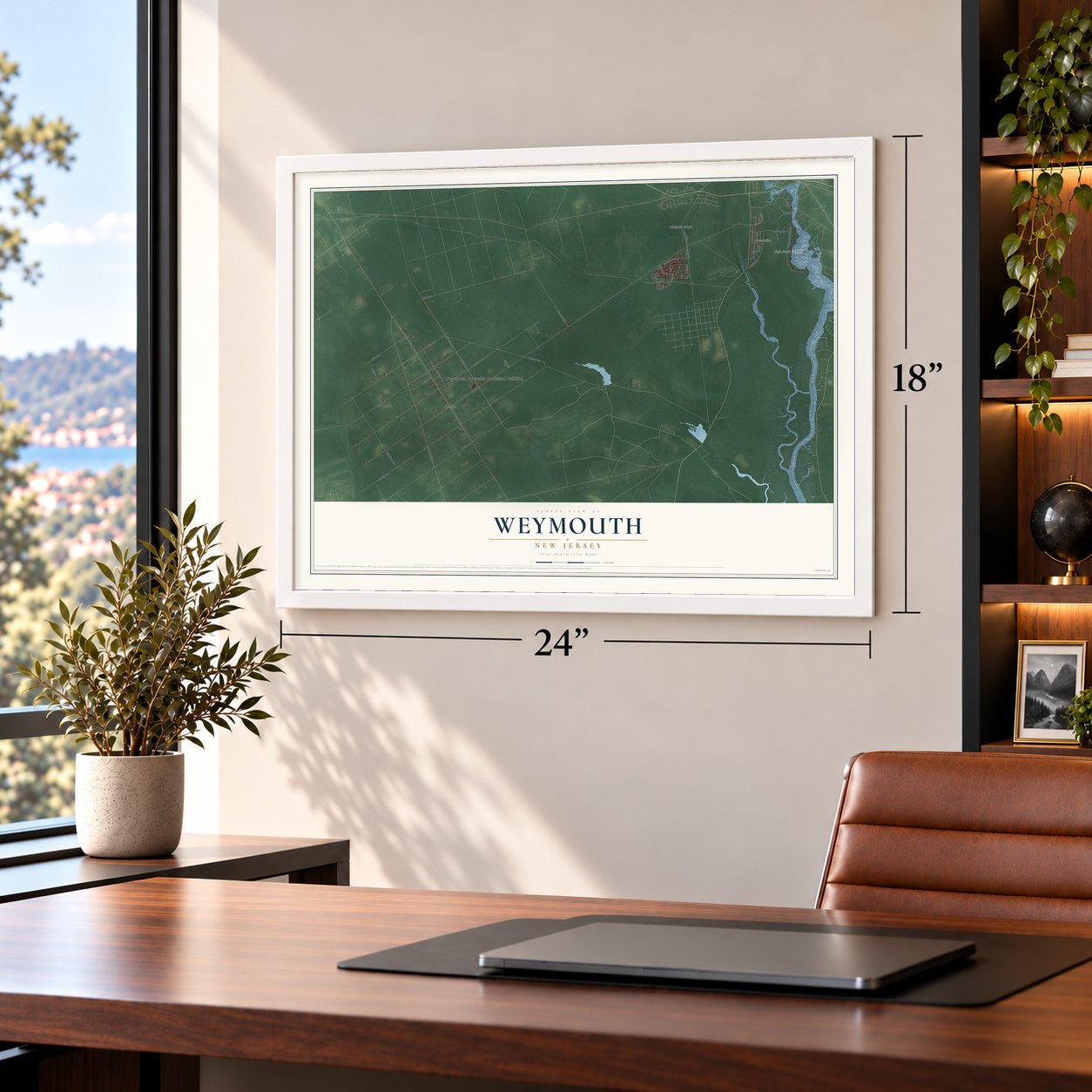 Weymouth, New Jersey map, 18 x 24 inch print in a white frame in a home office
